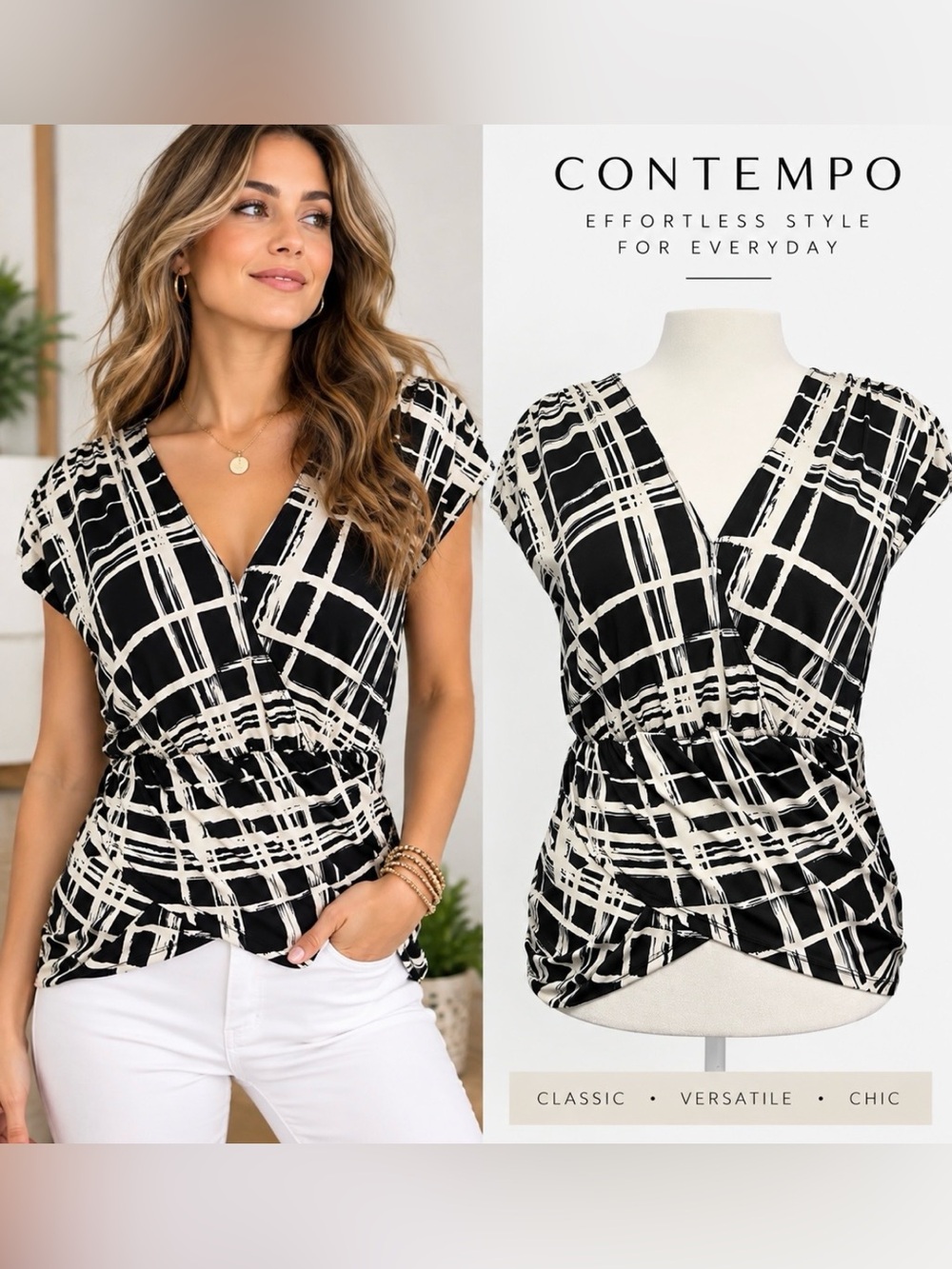 Contempo Black White Abstract Plaid Wrap Top Ruched Draped Career Blouse Medium
